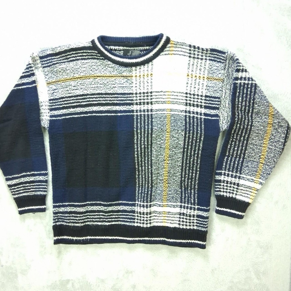 J. Ferrar Mens Vintage Plaid Knit Sweater Navy Blue Retro Patchwork Medium